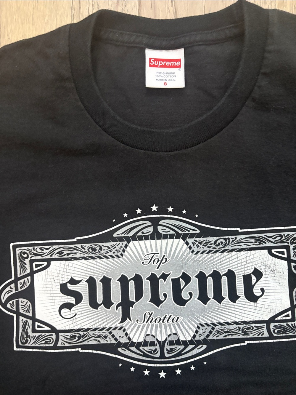 Supreme Black Tee with White Ornate Logo - Picture 2 of 3